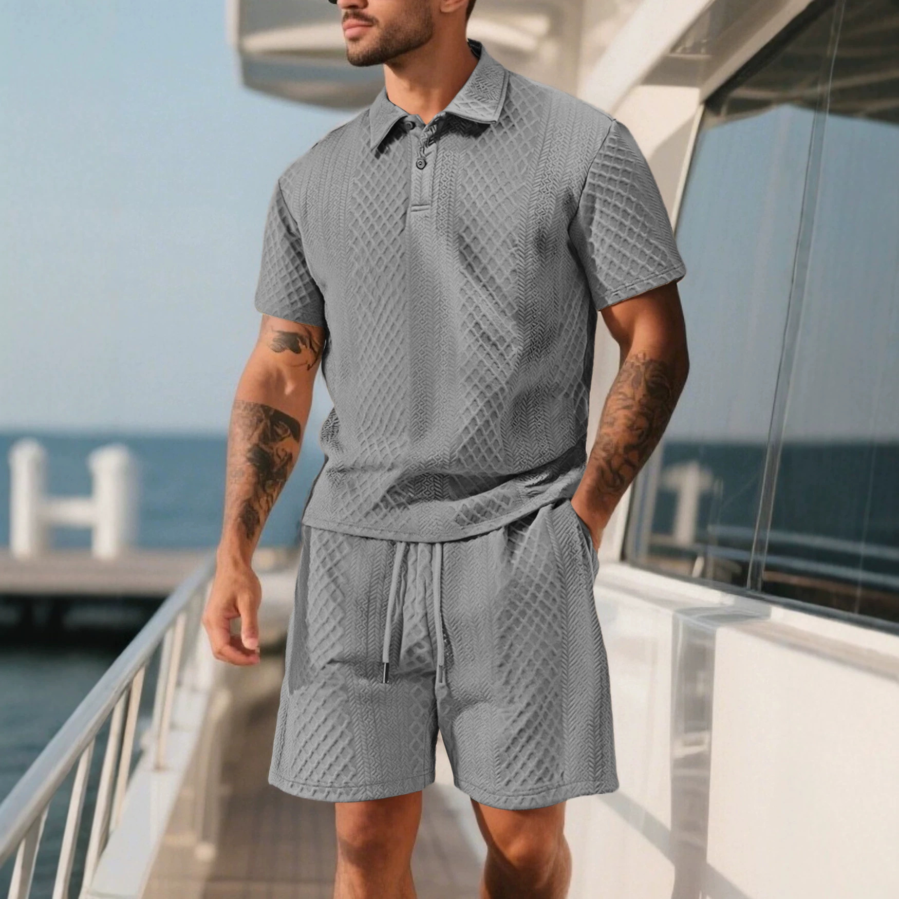 Ropa de hombre transfronteriza de verano de tamaño grande jacquard de hombre deportivo casual con solapa delgada polo camisa de manga corta