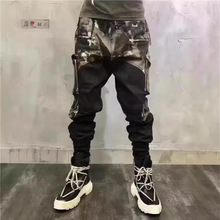 痞子部落欧美潮流个性迷彩拼接修身小脚哈伦裤男发型师机能工装裤