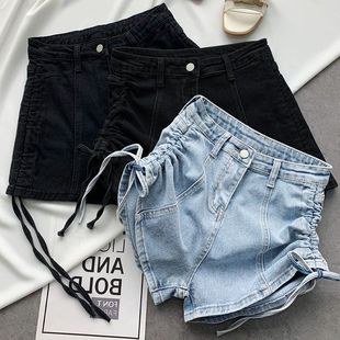 Korean Style Drawstring Strap Denim Shorts Design Slimming Look Women's 2025 A-Line High Waist Hot Pants Elastic New Style