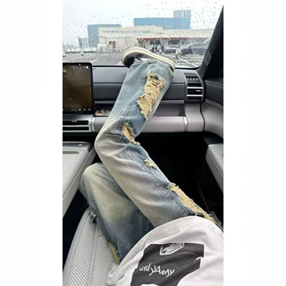 春秋复古宽松直筒拖地长裤设计感潮美式高街水洗做旧破洞牛仔裤男