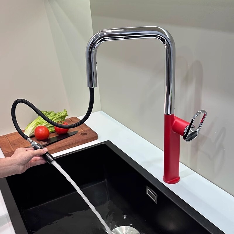 High-End Contrasting Color Kitchen Pull-Out Faucet Household Sink Sink All-Copper Telescopic Rotating Hot and Cold Splash-Proof Water High-End Contrasting Color Kitchen Pull-Out Faucet Household Sink Sink All-Copper Telescopic Rotating Hot and Cold Splash-Proof Water