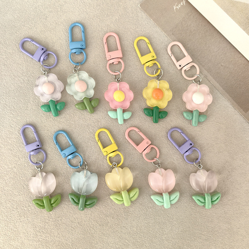 Ice-Clear Tulip Flower Keychain for Students, Handmade Diy, Fresh and Cute Key Ring, Bag Charm, Sweet