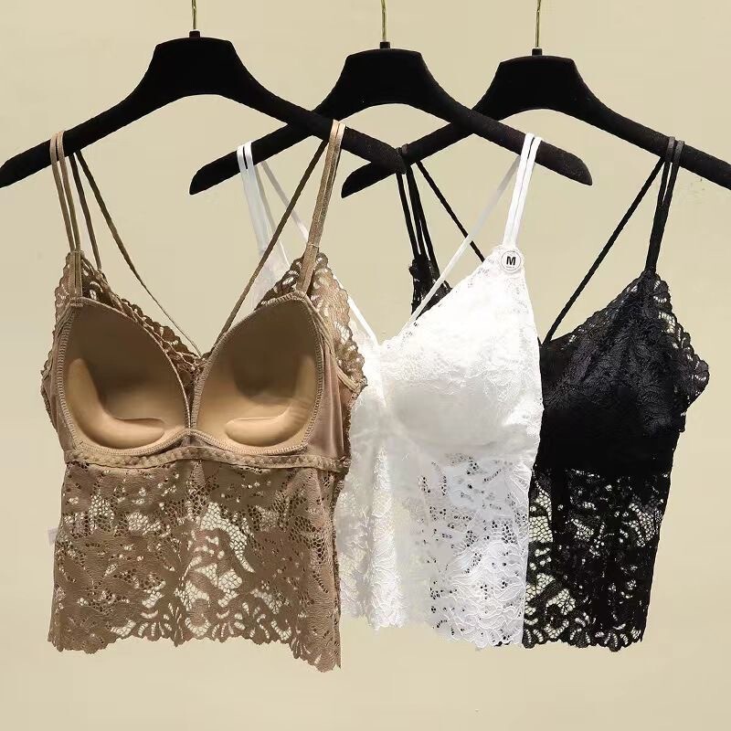 Tiktok same style sexy lace camisole women's thickened chest pad wear-free bra outer wear inner wear beauty back underwear