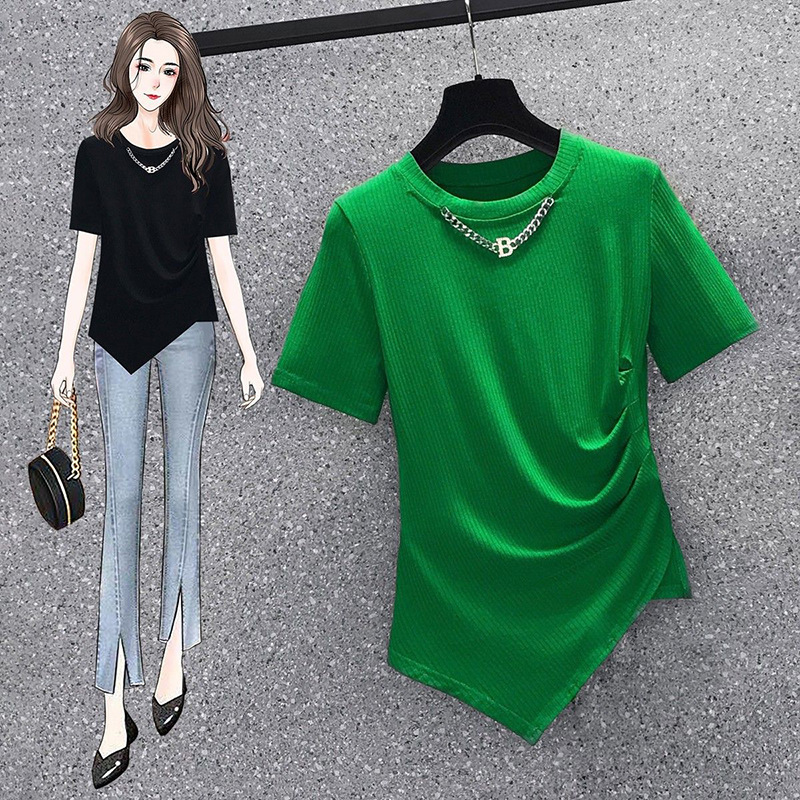 Pure Desire Style Chic Short Korean Style New Casual All-match Irregular Pleated Round Neck Short-sleeved Chain T-shirt Women's Trendy