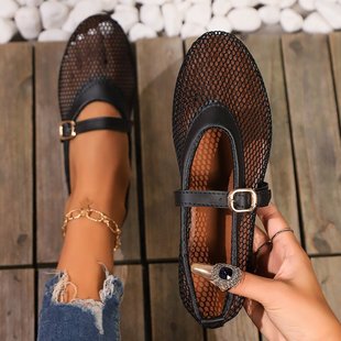 Cross-border plus size low-heeled sandals women's 2024 summer explosions fishnet stockings buckle breathable sandals women