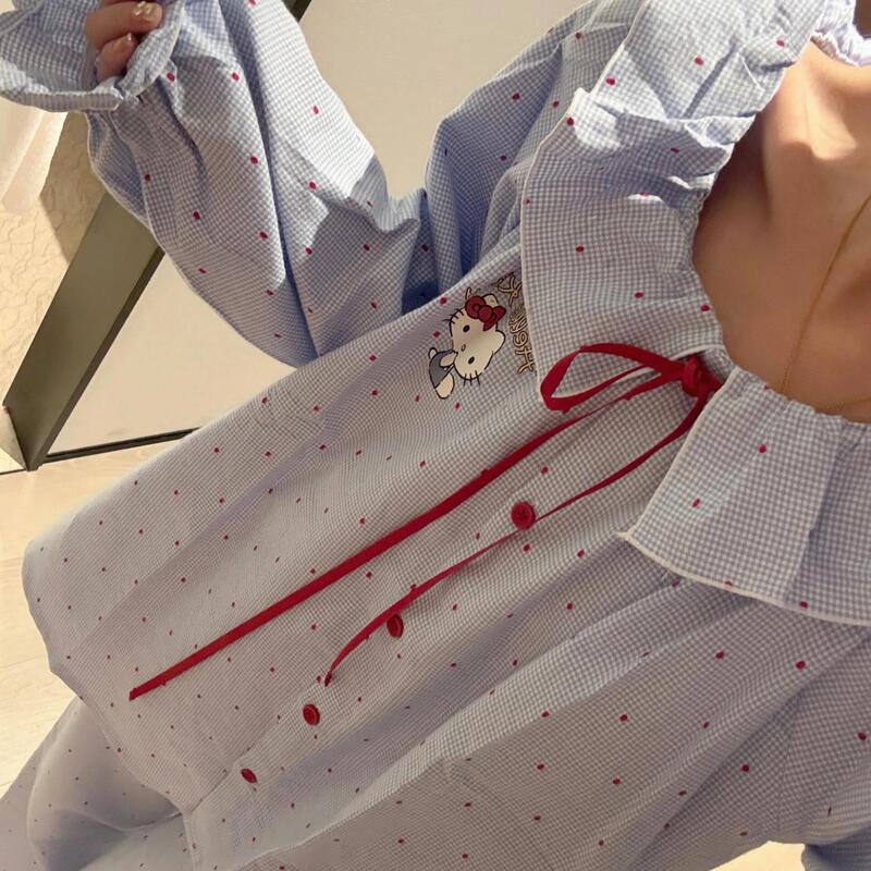 少女可爱HelloKitty睡衣女春秋新款蓝色花边长袖长裤家居服两件套|undefined
