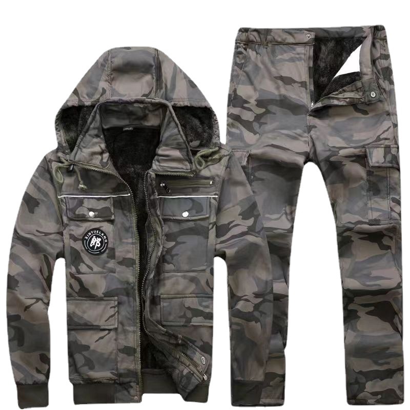 winter Plush coverall suit wear-resisting Cold proof Labor uniforms thickening Camouflage Electric welding work clothes One piece On behalf of