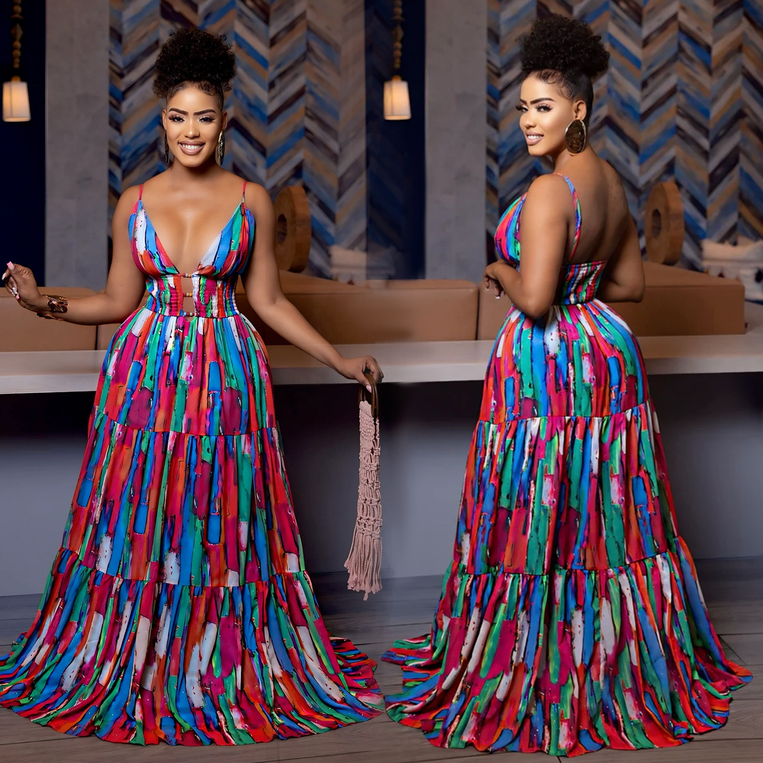 C7377 Cross-border AliExpress Amazon Vestido de color estampado sin espalda con tirantes sexy para mujer de moda europea y americana image 1