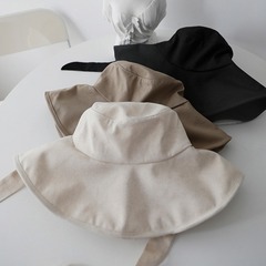 日系棉麻娃娃臉純色大檐綁帶漁夫帽女早秋遮臉盆帽遮陽帽顯臉小