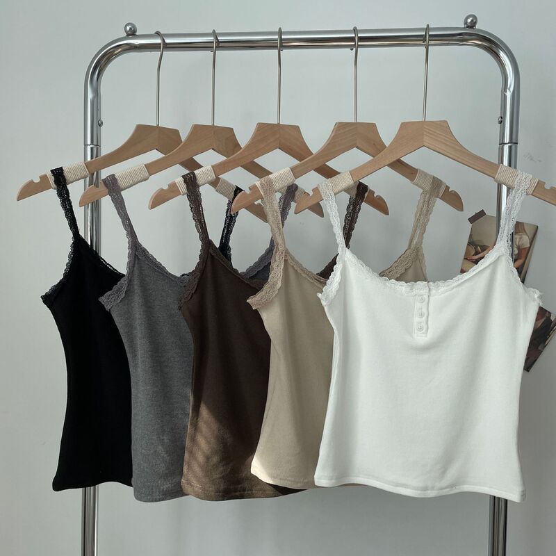 Women's lace button camisole with French-style fur stripes, spring and summer outer wear, bottoming, slim-fit top