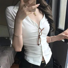 轻熟风Polo领正肩短袖T恤女秋新款纯欲辣妹百搭修身气质衬衫上衣