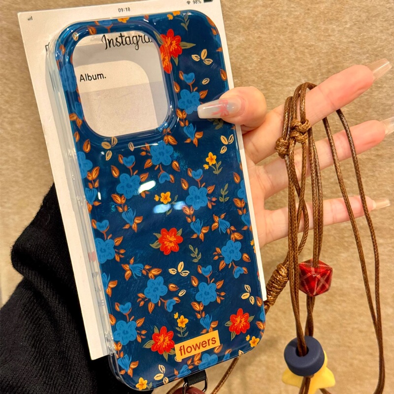 Klein Blue Oil Painting Small Floral Foil Pattern Suitable for Apple 17 Pro Max New iPhone 15 Fresh Style 14