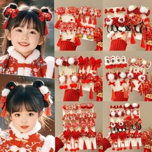 红色新年发饰女童发夹过年汉服头饰中国风马年古风蝴蝶结儿童发卡