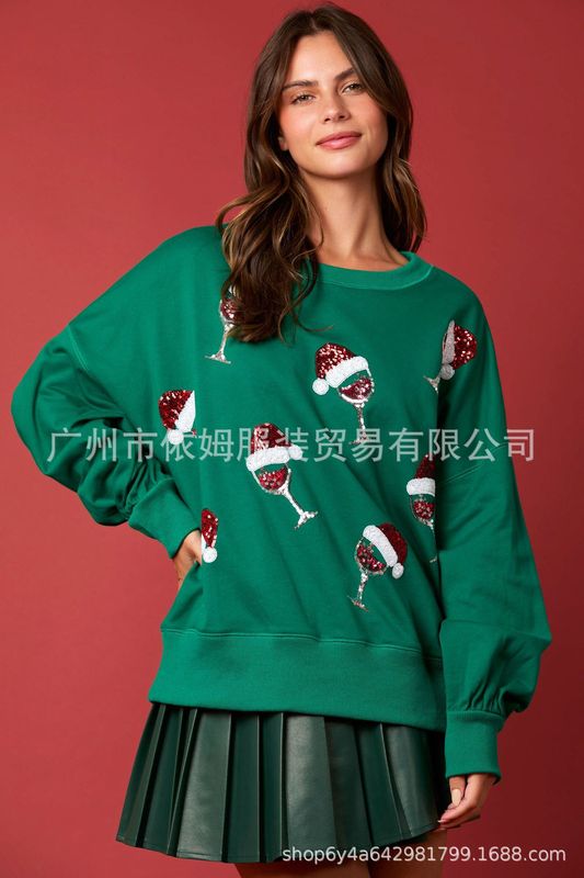 アマゾン秋冬新作欧米クロスボーダー女装クリスマスダブル装飾スパンコール丸襟プルオーバー|undefined