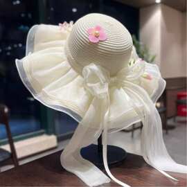 新款遮阳防晒夏季网纱草帽蕾丝花朵沙滩度假太阳帽遮阳帽海边帽子