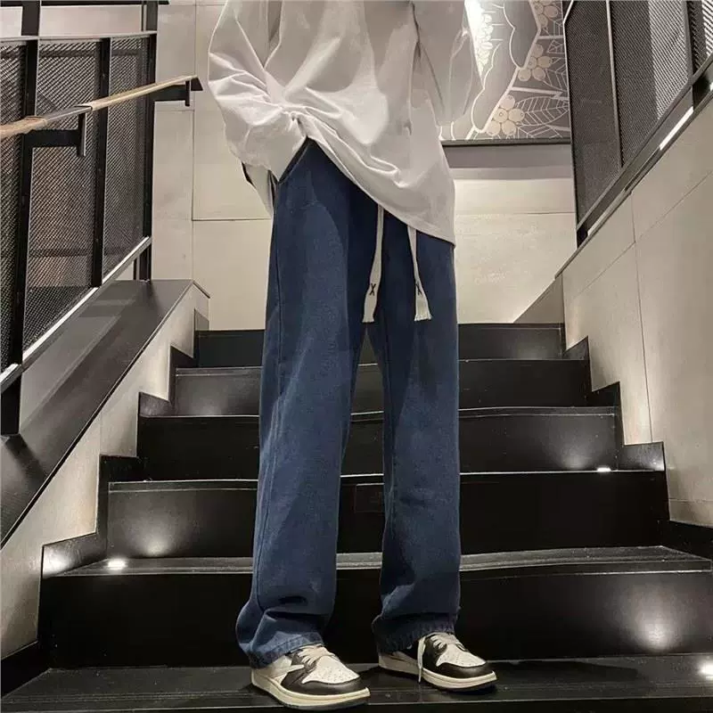 Американский ретро стирая темно-синие джинсы мужской свободный сплошной цвет весенняя мода шнур эластичный талия прямые брюки