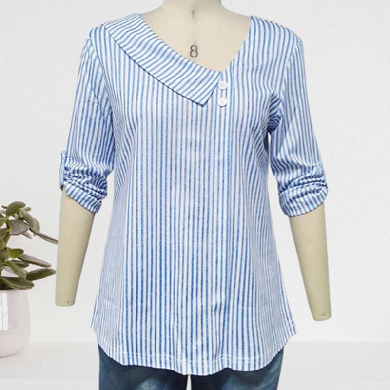[In-Stock Clearance] European and American Cross-Border Hot-Selling Autumn Casual Workwear Blue and White Striped 3/4 Sleeve Top