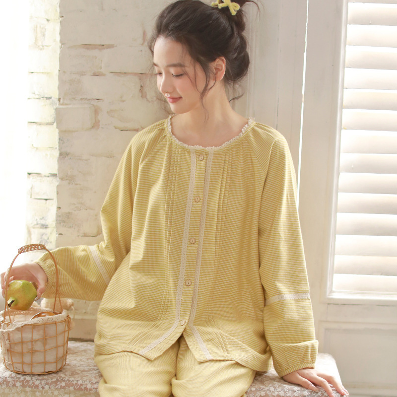 Autumn and Winter Pajamas for Women, Pure Cotton Brushed, High-End, Wearable, Women's Sweet Round Neck Pajamas, Home Clothes, Long Sleeves