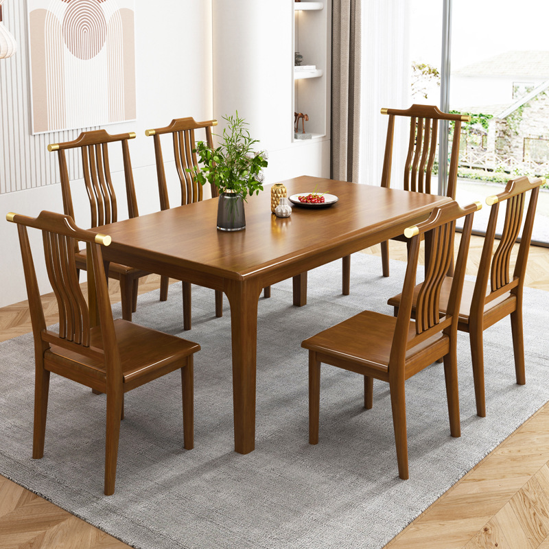 Nuevo estilo chino mesa de comedor rectangular de madera maciza y combinación de sillas pequeño apartamento restaurante simple mesa de comedor moderna