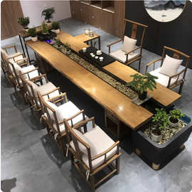 循环流水茶桌养鱼禅意茶台创意景观一体新中式仿古实木茶桌椅组合