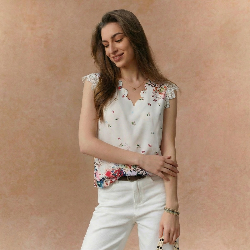 Cross-Border Export European and American Clothing 2025 Summer New Resort Style Amazon Lace V Neck Shirt Printed Shirt