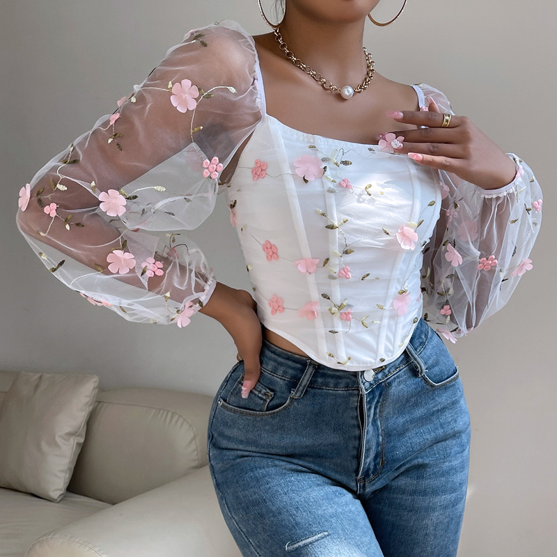 Cross-border European and American women's clothing ins style sexy mesh transparent embroidered flower double layer Fishbone long sleeve bra 60706