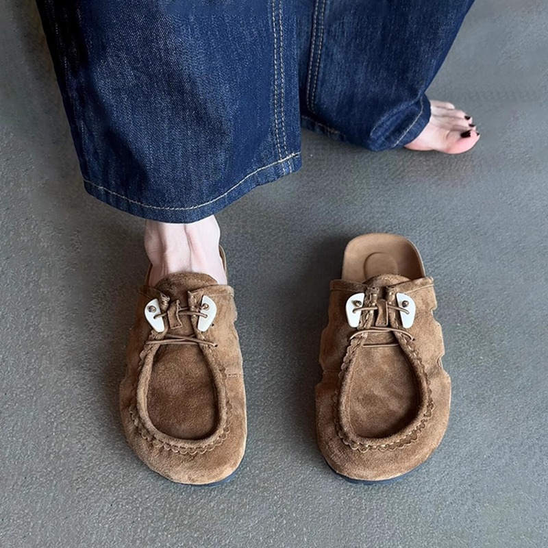 シープスキンバージョン~女性用フレンチスエード厚底ビルケンシュトックシューズ、万能中空デザインミュールシューズ、ハーフスリップオンつま先シューズ|undefined
