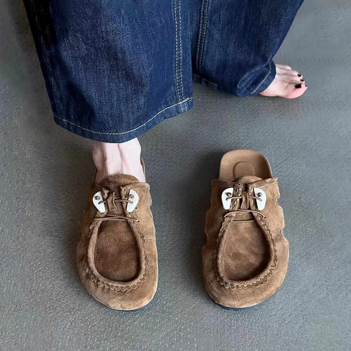 羊皮版~法式绒面厚底勃肯鞋女百搭镂空设计穆勒鞋外穿半拖包头鞋