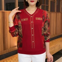 中高年婦人服秋vネック長袖上着の新型ホットドリルはプリントの底のシャツのtシャツをつづり合わせてゆったりしていて痩せています。