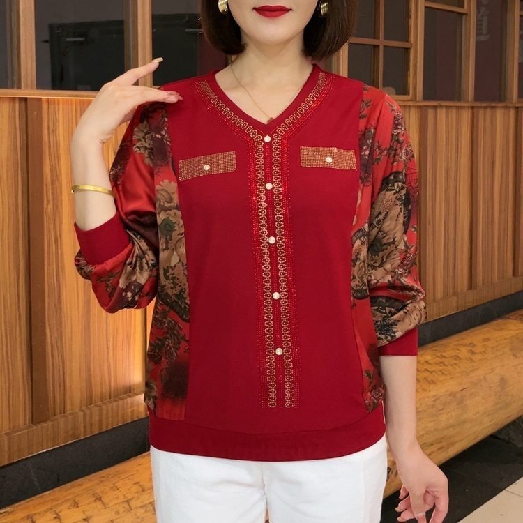 中高年婦人服秋vネック長袖上着の新型ホットドリルはプリントの底のシャツのtシャツをつづり合わせてゆったりしていて痩せています。|undefined