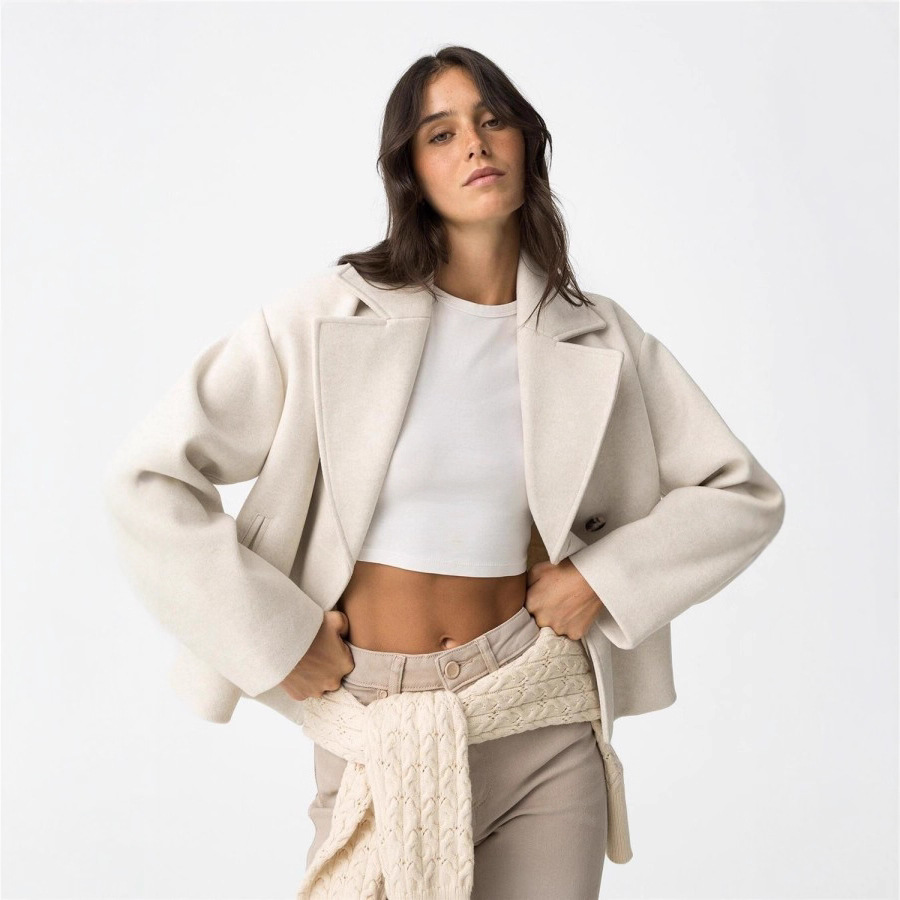 2025秋季新款女装毛呢外套欧美风时尚简约百搭双排扣女士毛呢外套