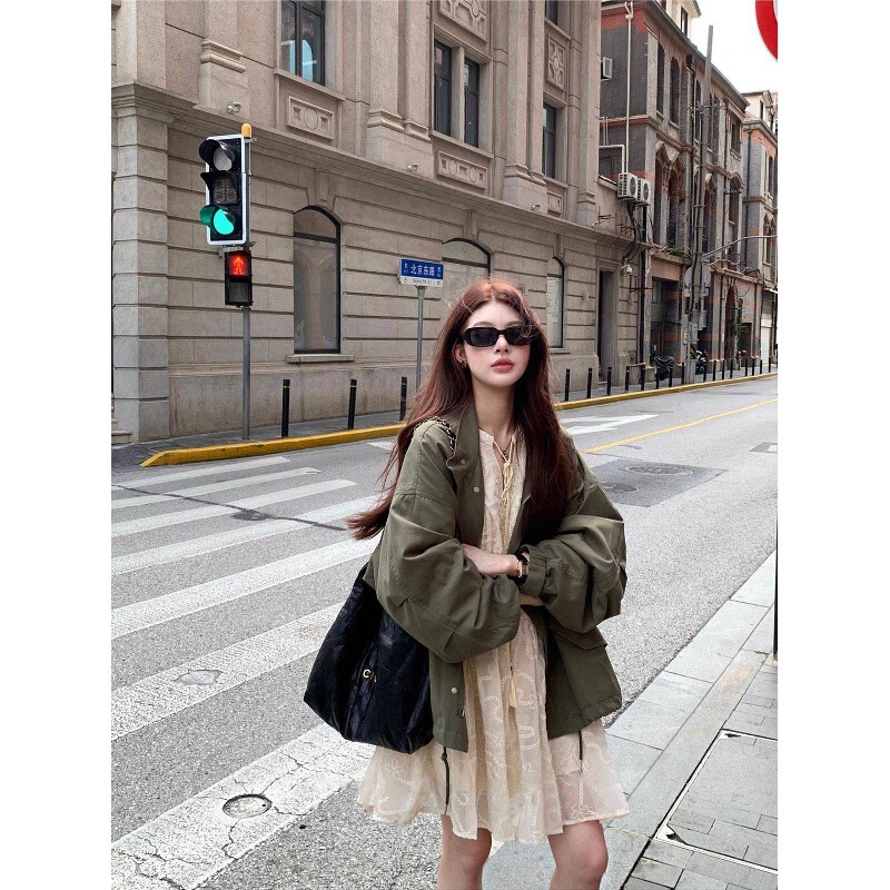 Spring and Autumn New French-Style Elegant Shimmering Fairy Dress/Washed Vintage Army Green Jacket Trench Coat for Women Trendy