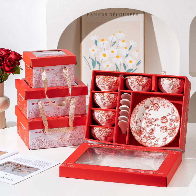 Gift set of porcelain bowls and spoons, ceramic bowls, plates, and spoons, presented in a gift box, suitable for housewarming, weddings, celebrations, and as a return gift or opening ceremony gift
