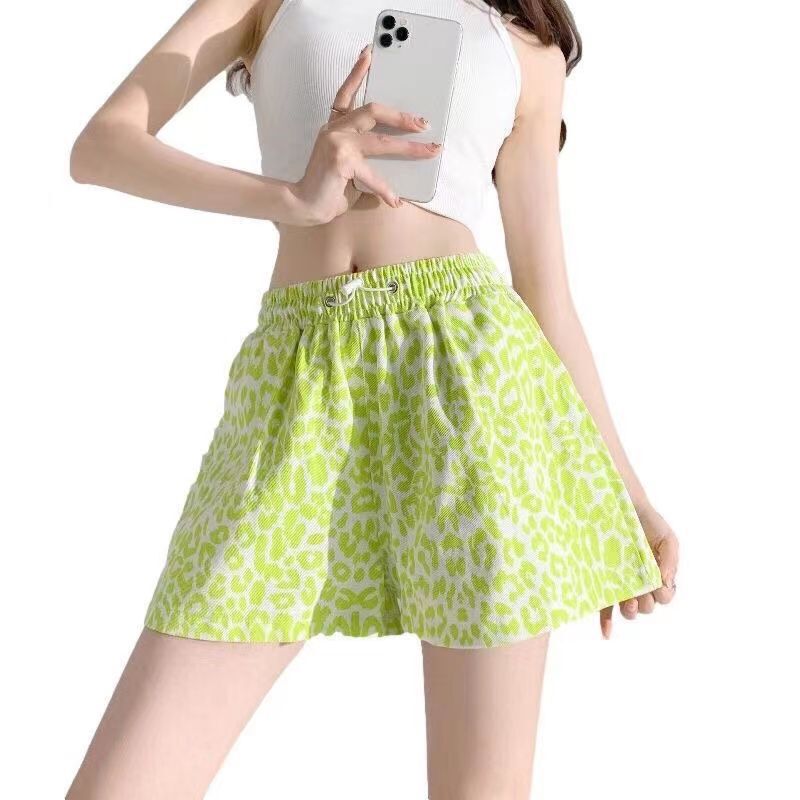 Cotton Fluorescent Green Leopard Print Denim Women's Summer Wide-Leg Shorts, Loose Fit, Slimming, Plus Size, Fashionable, Casual Wear