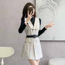 秋冬季新款名媛气质小香风马甲背心裙套装女格子毛呢连衣裙两件套