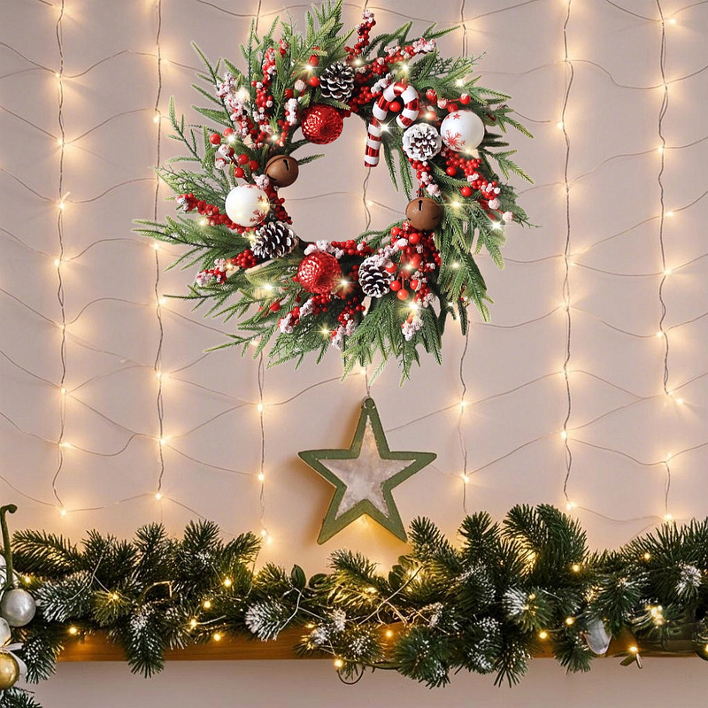 クリスマスガーランドドア吊り模擬塗装光波ボール赤い果実の鐘柔らかい松葉ヒノキの葉ワイヤーリングガーランド装飾|undefined