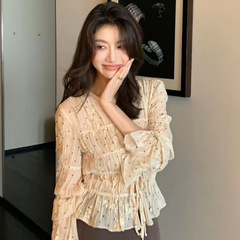 ALONE SAVOR龍喜儿 娜塔莉 赫本风v领系带褶皱波点衬衫J500