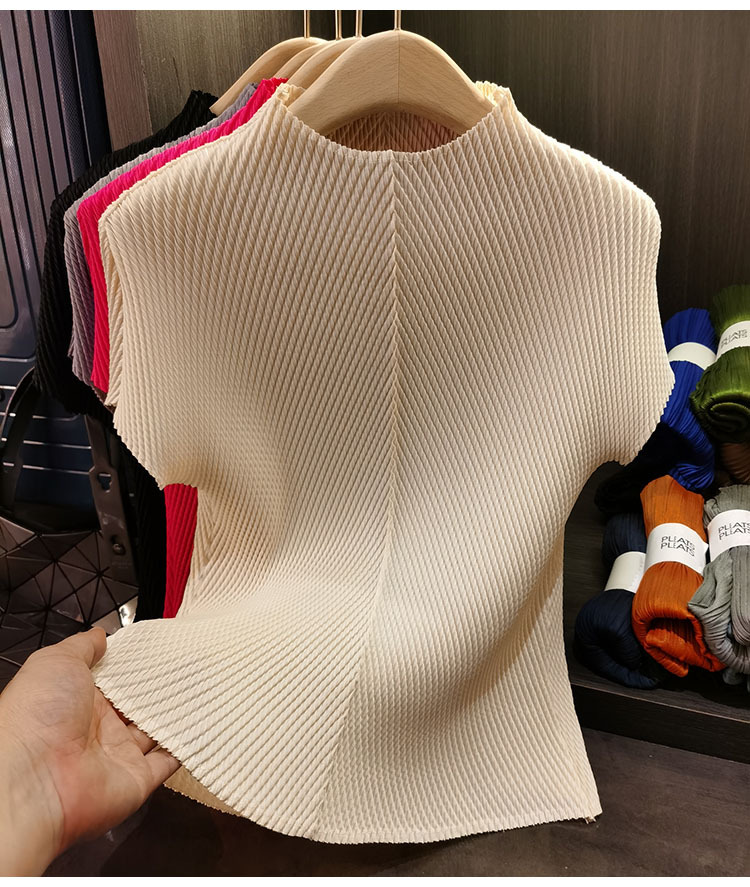 Áo cổ đứng xếp li vảy rồng tay ngắn nữ cao cấp đa năng — Màu đen, Màu đỏ hoa hồng, Màu hồng, Màu xanh lá chi tiết 28