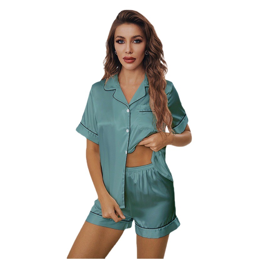 Pijamas amazónicos europeos y americanos de verano de las mujeres a rayas de color sólido pantalones cortos de manga corta casuales de las mujeres ropa de casa traje 2349