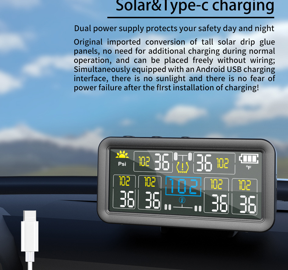 T18 Car Tire Pressure Monitor Solar Wireless Charging High Precision 4inch with In-Car Ambient Temperature Function