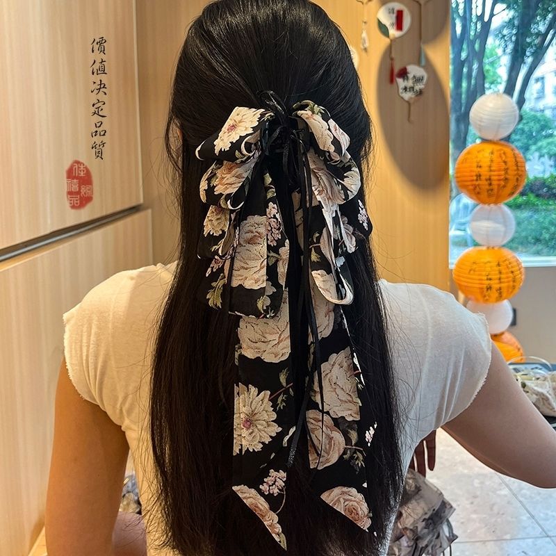 검정 플라워 롱 리본 집게핀