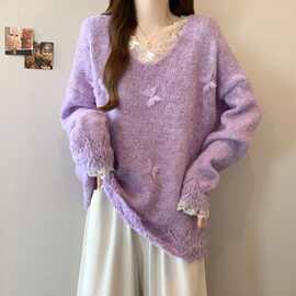 蕾丝V领紫色针织衫蝴蝶毛衣大码女装秋冬胖mm中长款漂亮上衣