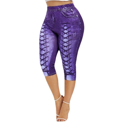 Printed Summer High-Waisted Denim-Like Leggings for Fitness and Yoga, 7/8 Length, XY750