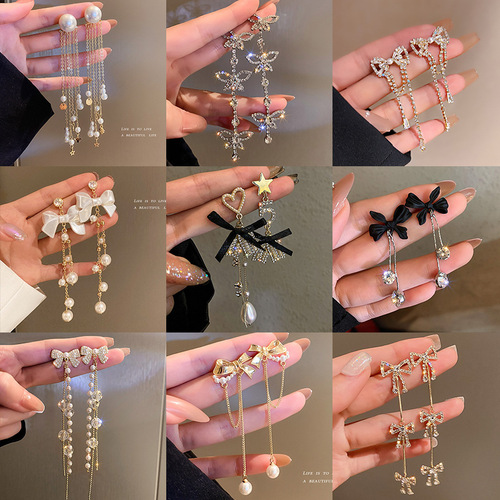 Elegant and Exquisite Butterfly Knot Silver 925 Pearl Earrings with a Simple and Refined Style, Long Tassel Earrings