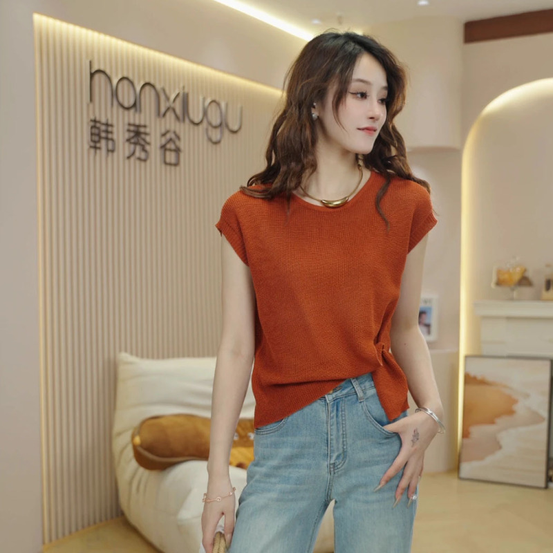 2025 新しい夏の薄い半袖 T シャツ女性のためのファッショナブルなルーズスリムデザインアイスシルクニットシャツトップ|undefined