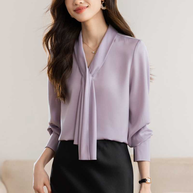 High-End Mulberry Silk French Satin Tie-Front Shirt for Women, 2026 Spring New Arrival, Elegant Professional Commuter Top