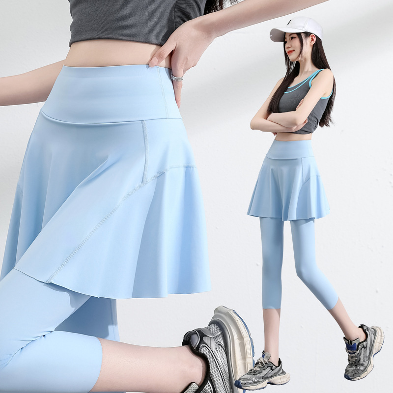 Cropped Yoga Pants Women's Fake Two-piece High Waist Pocket Thin Summer Sheltering Skirt Shark Pants plus size Sports Culottes