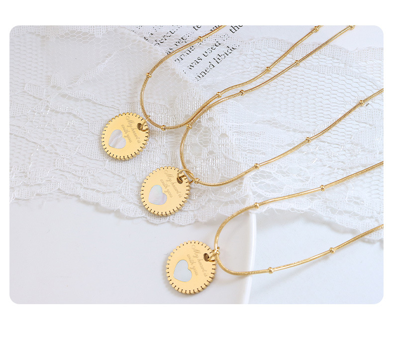 Retro Round Letter Heart Shape Titanium Steel Inlay Shell Pendant Necklace_colorza_2