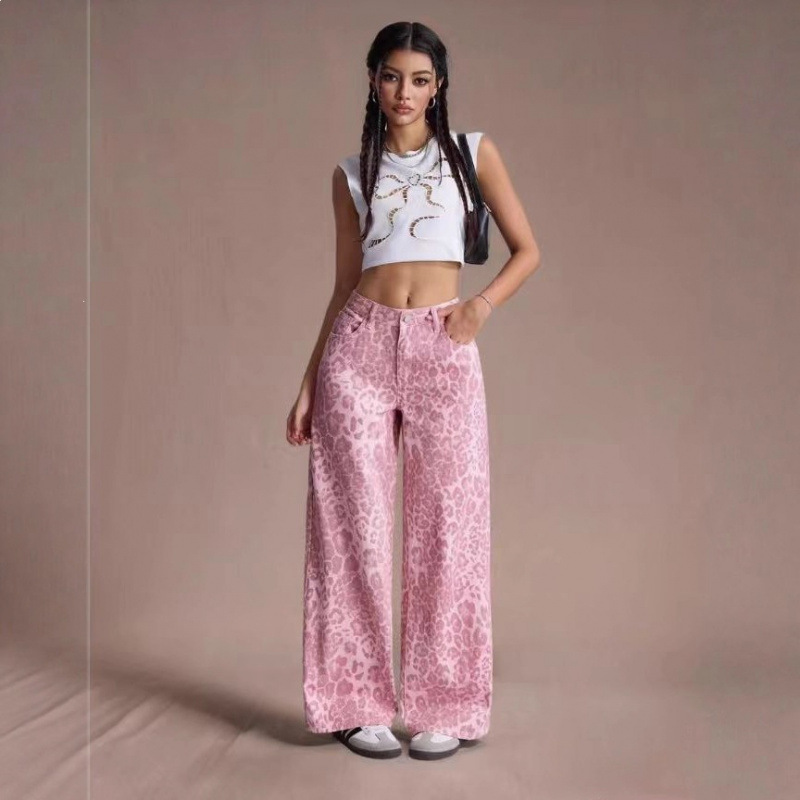 Cross-Border Temu Hot-Selling 3D Printed Pink Leopard Print Street Fashion Straight-Leg Slimming Loose Wide-Leg Faux Denim Pants Cross-Border Temu Hot-Selling 3D Printed Pink Leopard Print Street Fashion Straight-Leg Slimming Loose Wide-Leg Faux Denim Pants