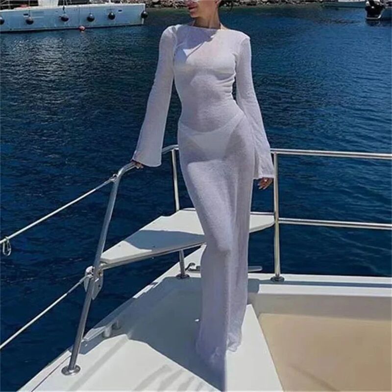 Women's Backless Round Neck Long Sleeved Dress